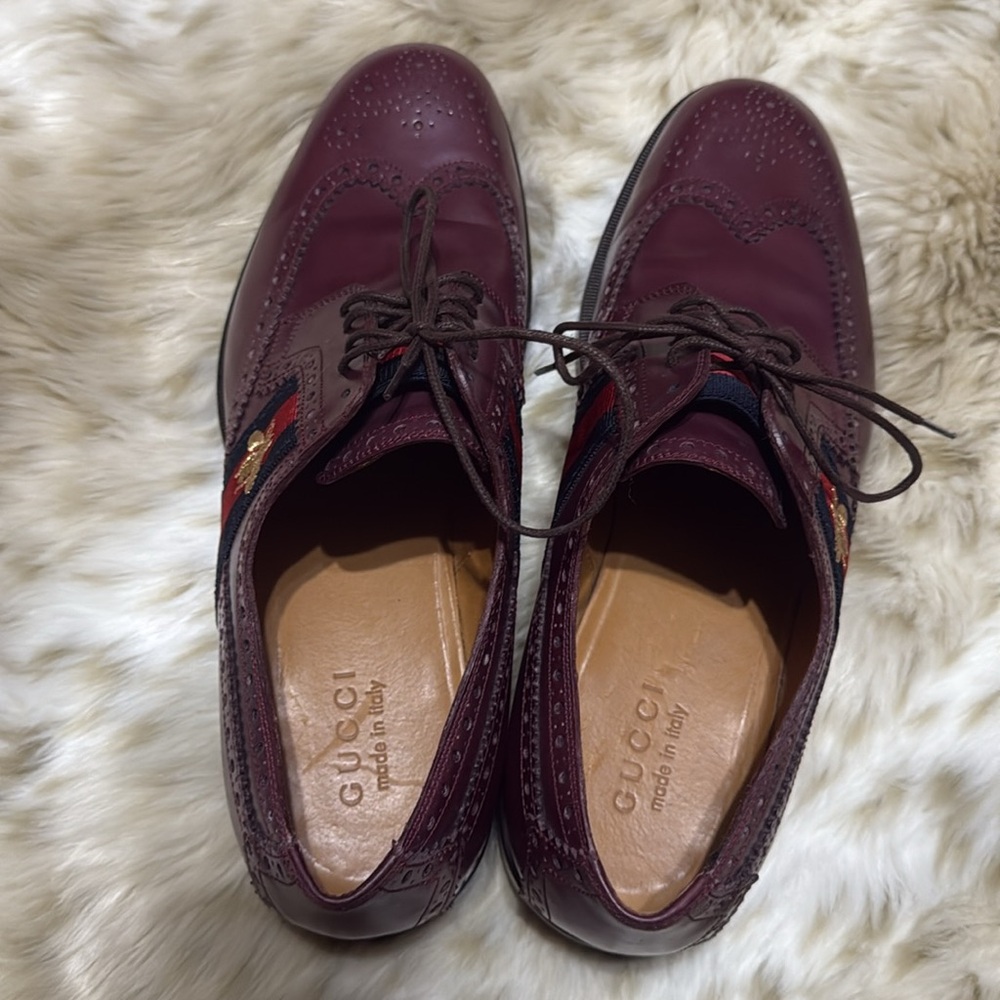 GUCCI Calfskin Web Bee Embroidered Mens Slip-On Brogue Wingtip Derby Shoes - Picture 5 of 12